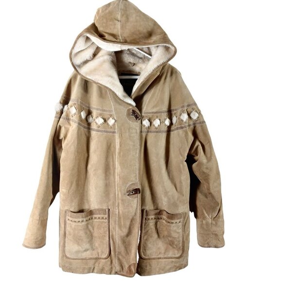 Venezia Leathers Jackets & Blazers - Venezia Leathers Womens Genuine Leather Suede Coat Sherpa Lined Hooded Sz 14/16